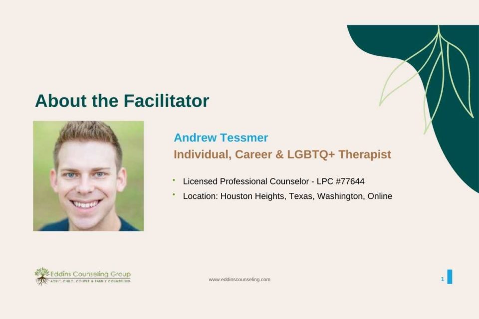 Andrew Tessmer, lgbtq+ therapist, career counselor, individual therapist in Houston TX