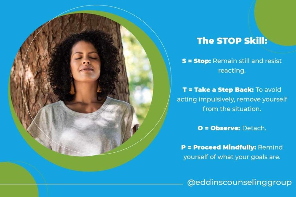 The STOP Skill DBT therapy woman meditating and deep breathing by tree DBT therapy and mindfulness skills to help emotionally regulate oneself