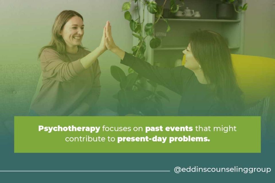psychotherapy focuses on past problems white woman giving high five to her therapist