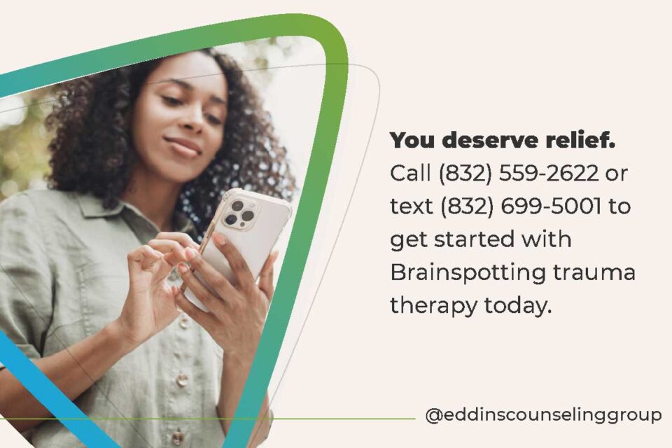 try brainspotting trauma therapy, woman on cell phone scheduling therapy appointment Houston TX