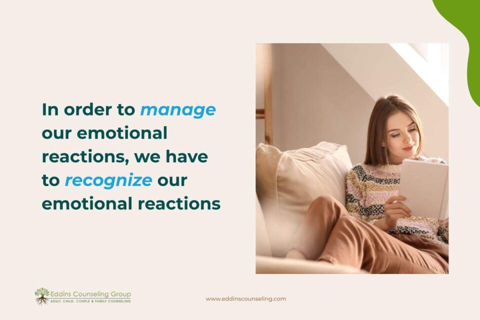 how to manage and recognize emotional reactions, woman sitting on couch