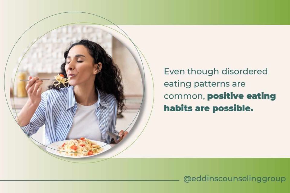 white female happily eating ADHD positive eating habits are possible