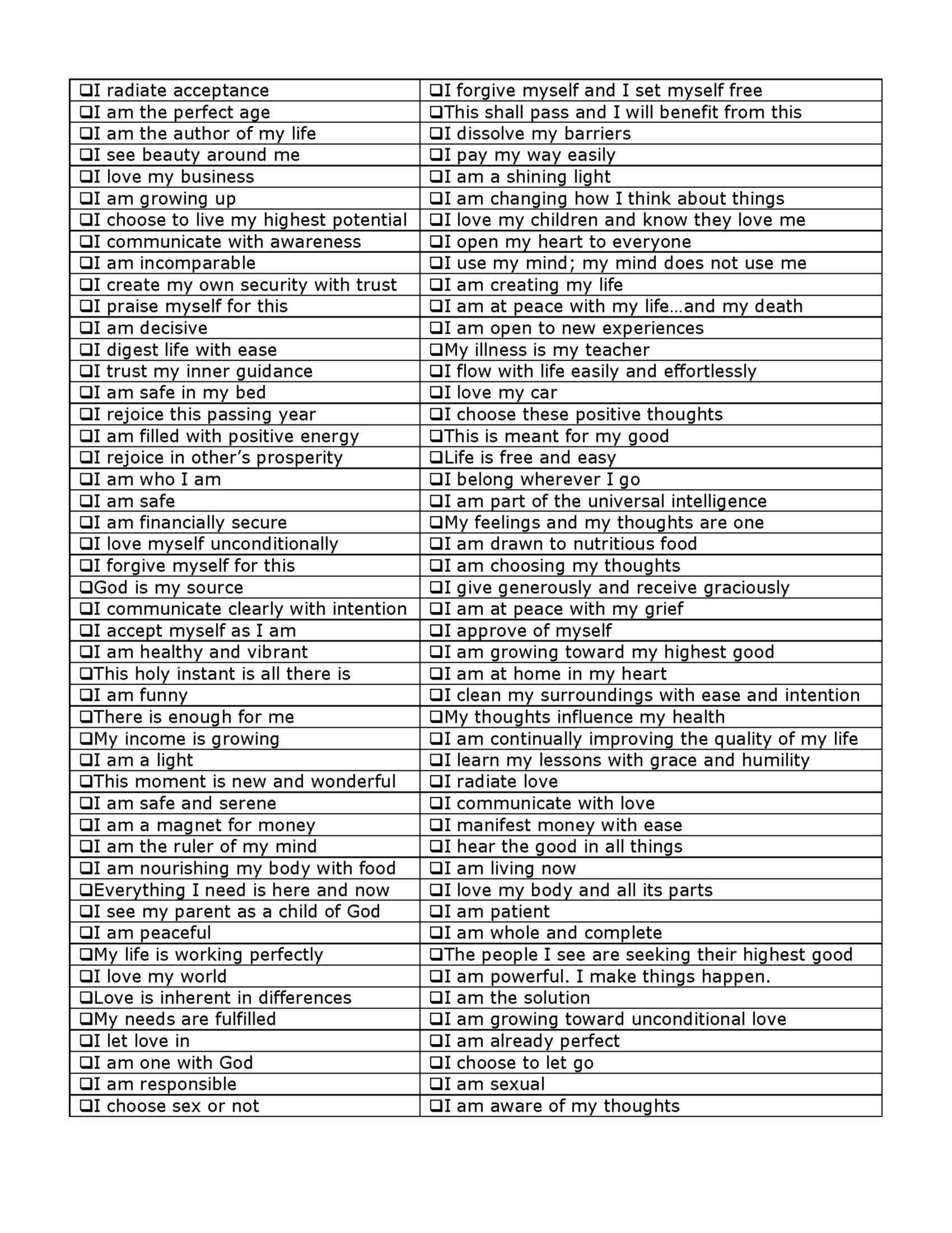 positive affirmations worksheet