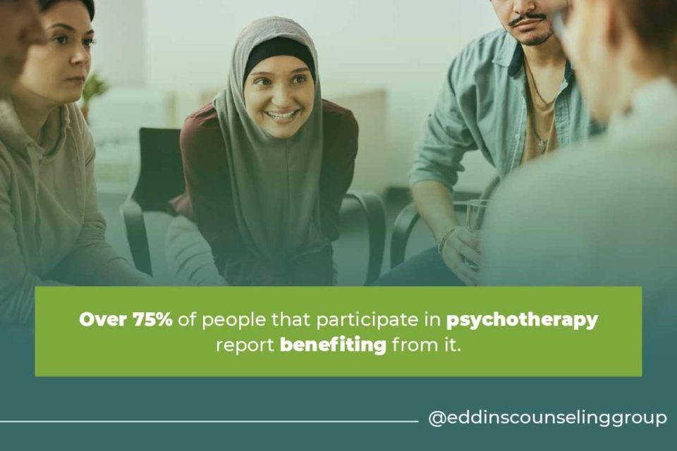 over 75% of people participating in psychotherapy report benefitting from it muslim woman smiling during group therapy