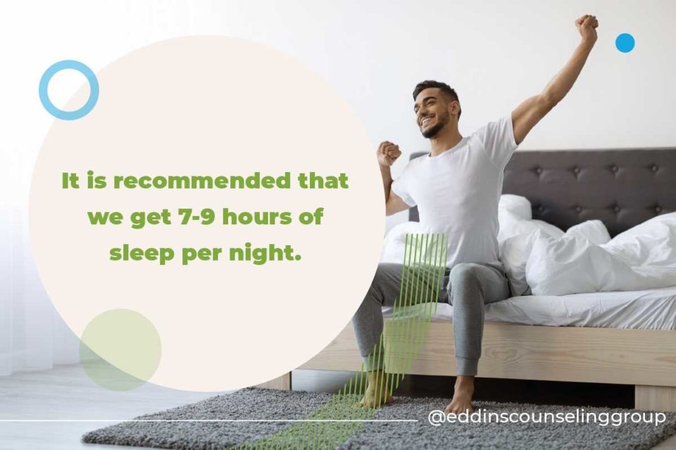 recommended to get 7-9 hours of sleep white man stretching getting out of bed how to heal insomnia 