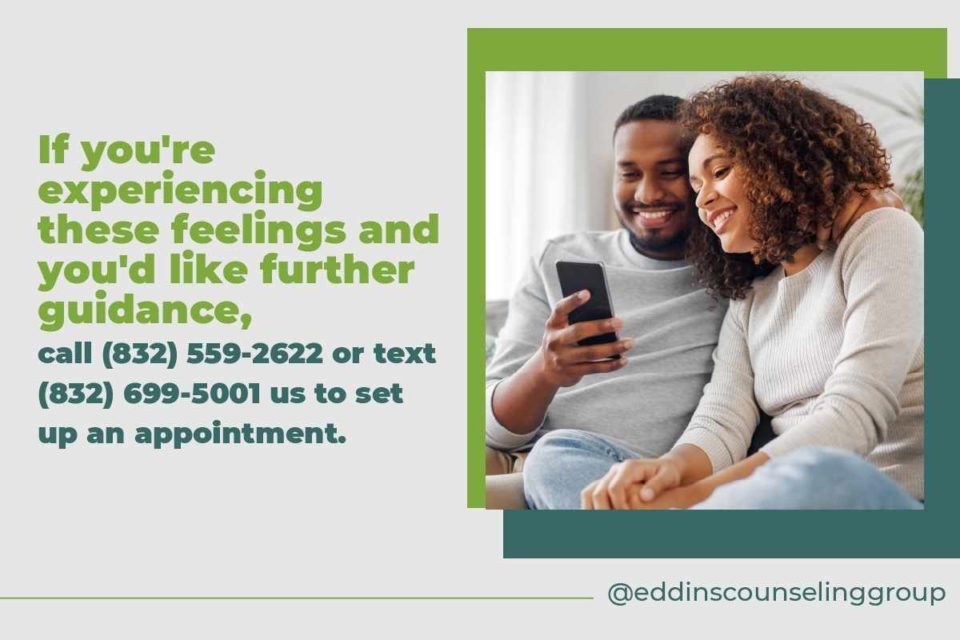 smiling couple texting their therapist office for relationship counseling