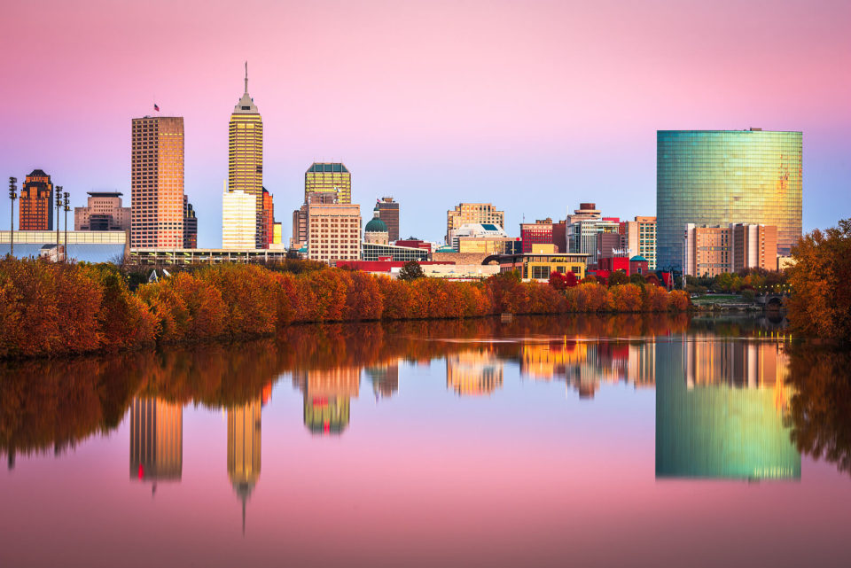 Image of the Indianapolis skyline at sunset. Whether you are in Indianapolis, Fort Wayne, or somewhere in between we can help with online therapy in Indiana. Get support from an online therapist in Indiana through teletherapy. Reach out now for a telehealth therapy in appointment.