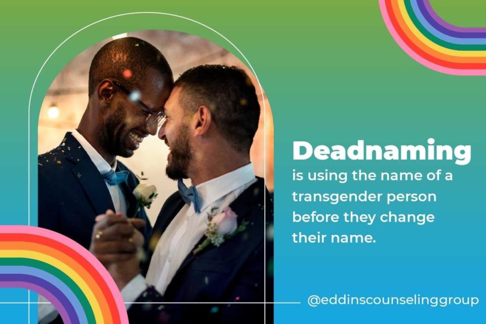 deadnaming refers to calling a trans person by their birth name smiling dancing newly married gay couple