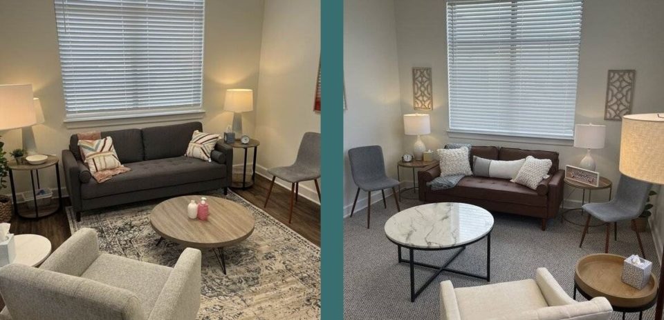 Collage of 4 images showing what it looks like inside Eddins counseling office in Sugar Land, TX. If you are trying to find a "therapist near me" we can help. We offer a range of options including LGBTQ couples therapy. Reach out now to speak with a Sugar Land therapist. 