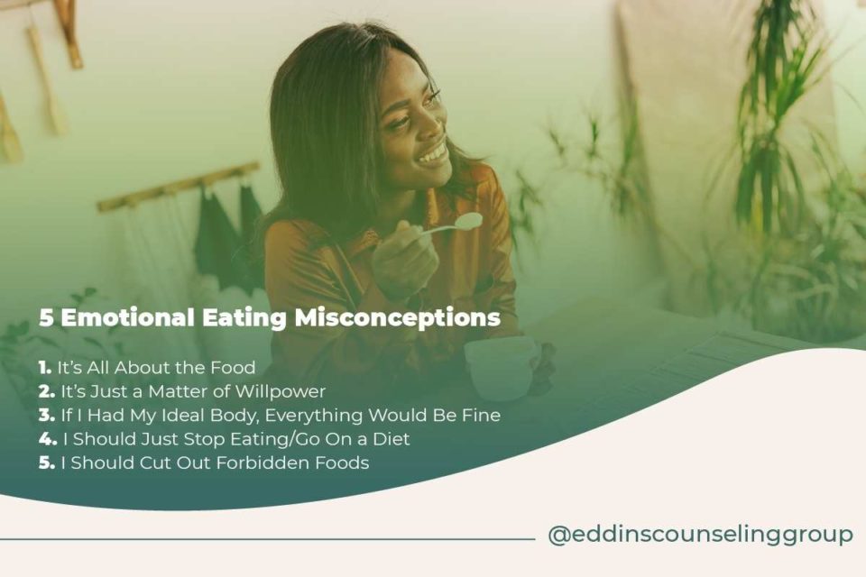 smiling black woman eating curious about emotional eating misconceptions